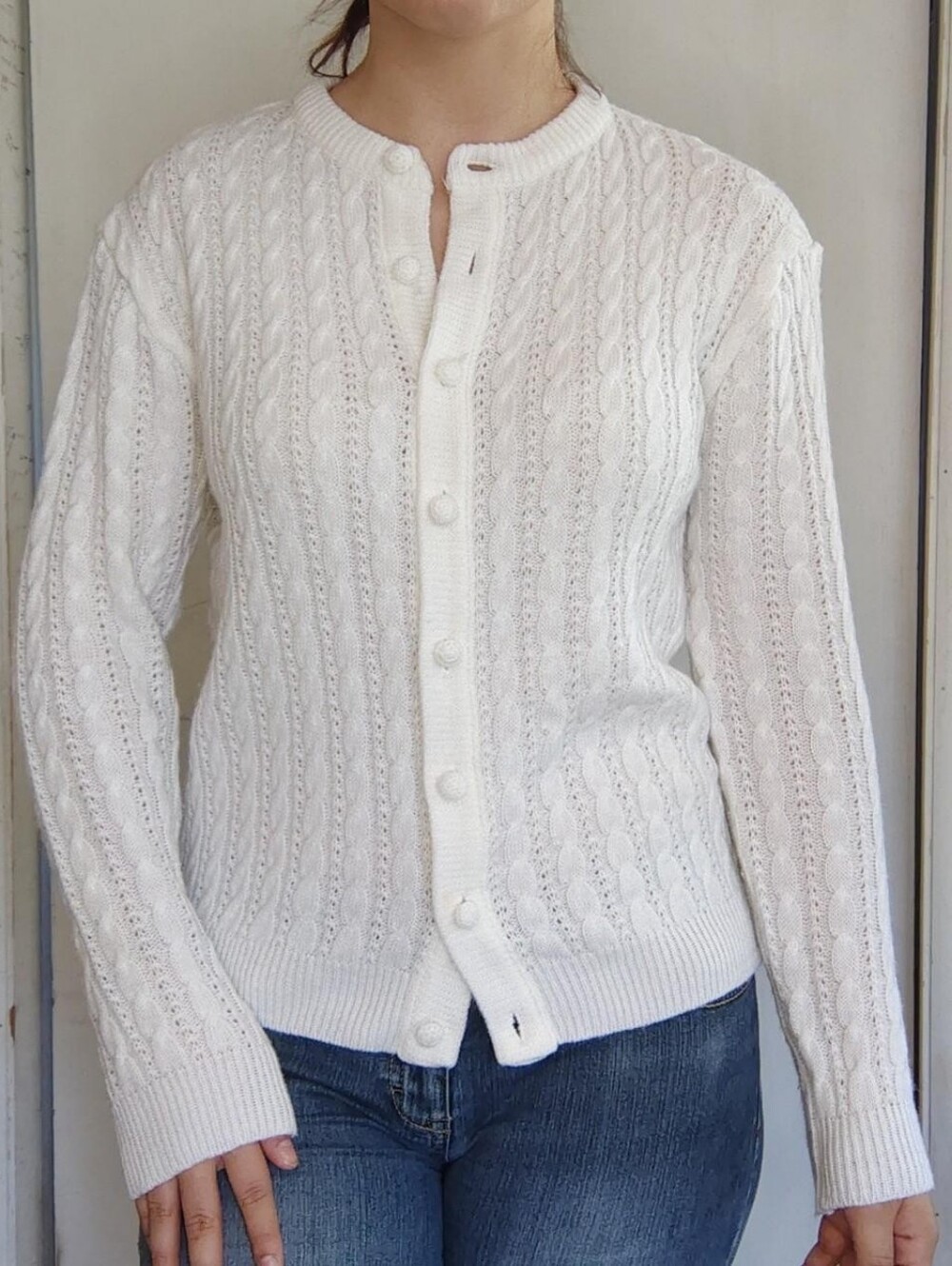90s vintage white button front cable knit cardigan style sweater